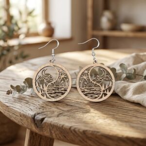 Round walnut wood earrings with laser-cut mountains, ocean waves, palm trees, pine trees, and silver-tone fishhook ear wires.