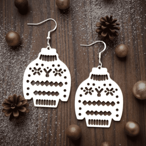 Pair of laser-cut holiday sweater wooden earrings with intricate cutout patterns