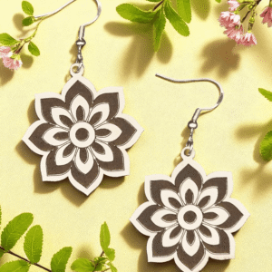 pair of two-tone laser-cut wooden mandala flower earrings