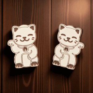 Pair of laser-cut wooden lucky cat earrings with engraved Maneki-neko